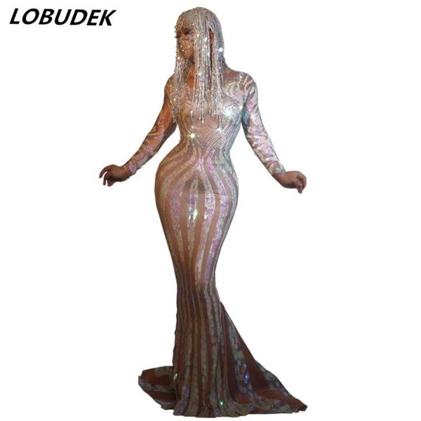 

casual dresses stage costume women long sleeve stripes sequins tailing dress evening party singer host models catwalk birthday outfit, Black;gray