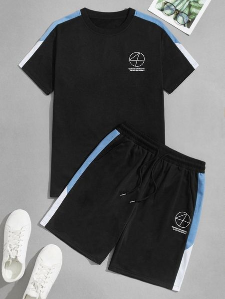 

men geo and slogan graphic contrast side seam tee & shorts x1nh#, Gray