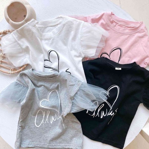 

summer cute girls mesh patchwork short sleeve t shirts printing 4 colors casual tees, Blue