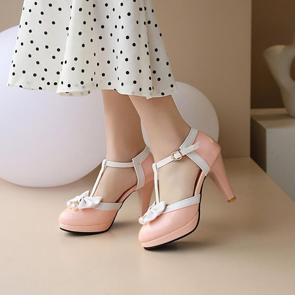 

summer 2021 ladies heels platform cute bow lace princess mary jane lolita shoes party high heel buckle women pumps pink, Black