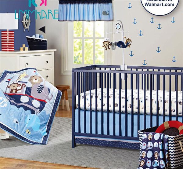 

100% cotton baby bed bumpers blue voyage cartoon embroidery sheet quilt storage bag soft boy crib bedding sets