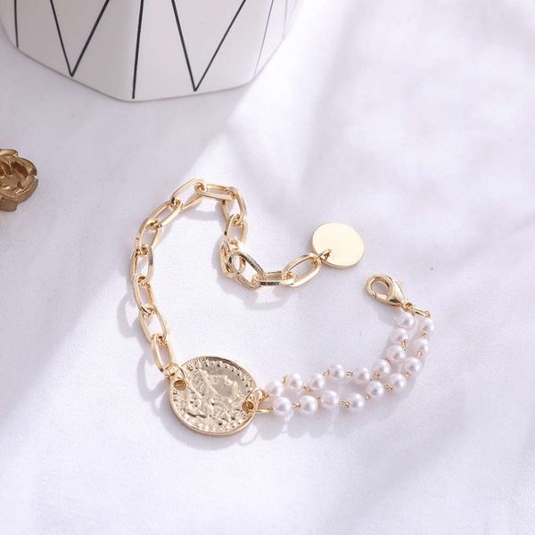 

hand catenary night market stall advanced pearl metal texture bracelet design sense fashion versatile jewelry, Golden;silver