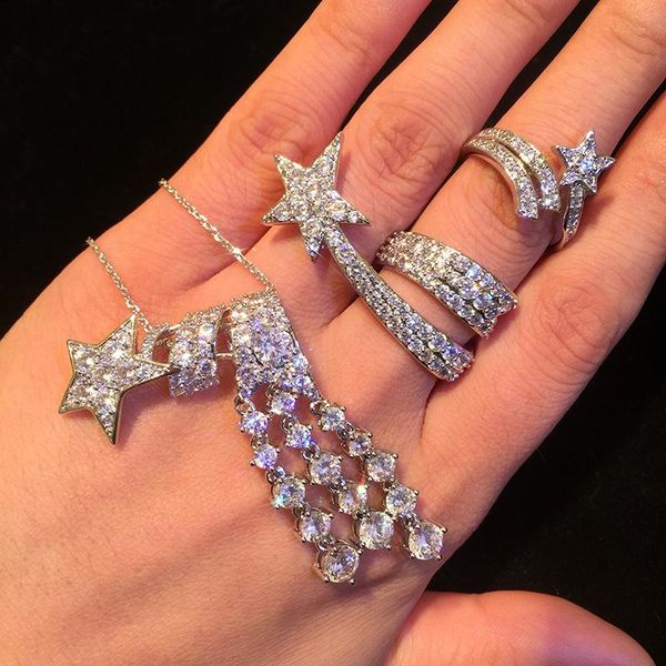 

earrings & necklace luxury cubic zircon crystal stone elegant star ring comet pendant short chain chocker brand design jewelry set, Silver