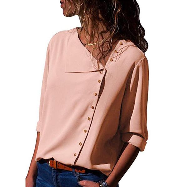 

long sleeve button skew collar irregular blouse ladies women and blouses solid shirt blusas plus size s-3xl women's & shirts, White