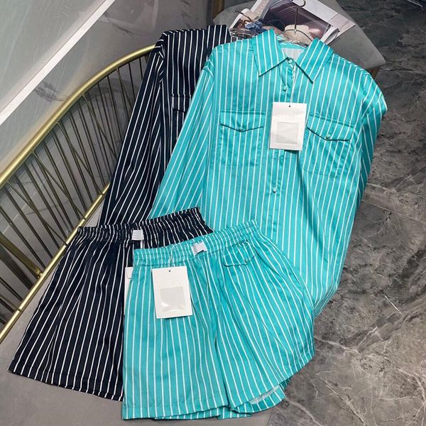 

women's tracksuits 2021 sets elegant fashion casual vertical striped long sleeve blouse + elastic waist shorts office lady, Gray