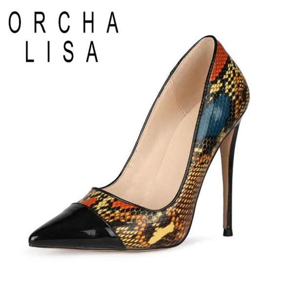 

dress shoes orcha lisa novelty pumps women pointed toe 10cm 12cm thin heels slip on snake print shallow plus size 34-47 party c1945, Black