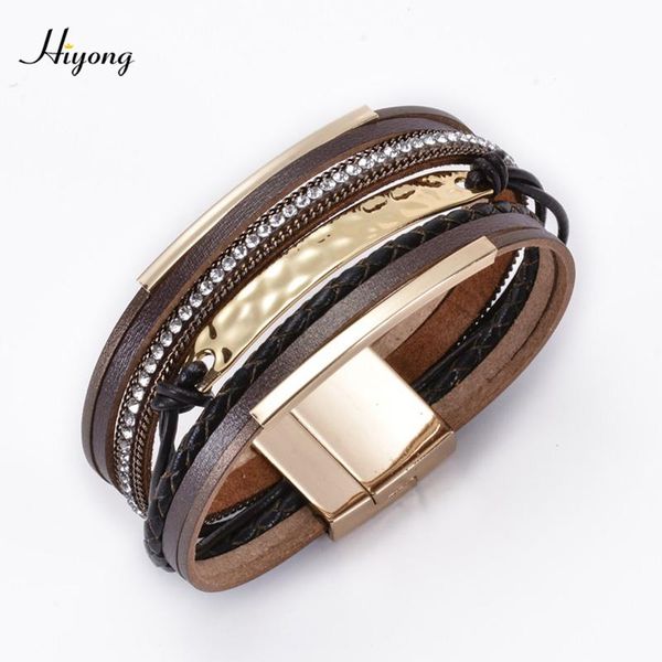 

tennis 2021 creative pu leather bracelet bohemian crystal wide wrap magnetic buckle bracelets copper pendant bangle jewelry, Golden;silver