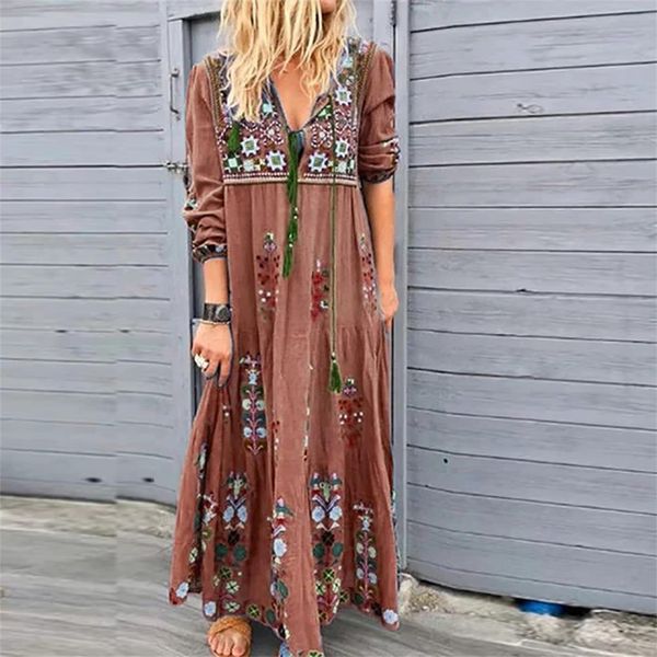 

bohemian print summer casual women dresses v neck boho beach lace up long sleeve party large size maxi p4, Black;gray