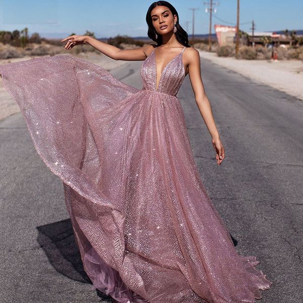 

pink sequin prom dress with spaghetti straps backless a line long evening dresses 2022 deep v neck floor length formal dress for african bla, Black