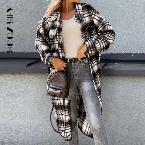 

women's jackets boozrey women loose casual jacket plaid long shirt coat sleeve vintage harajuku all-match fall clothes for, Black;brown