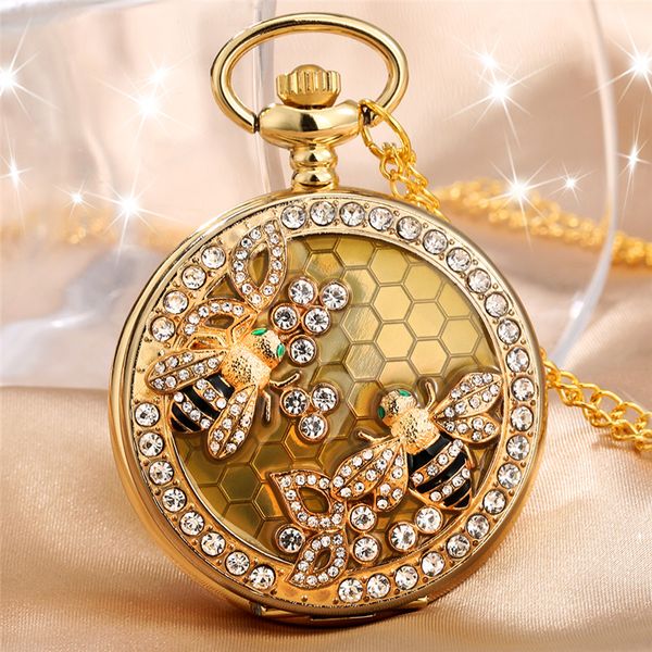 

luxury yellow gold diamond bee watches alloy case men women quartz analog pocket watches sweater necklace chain, Slivery;golden