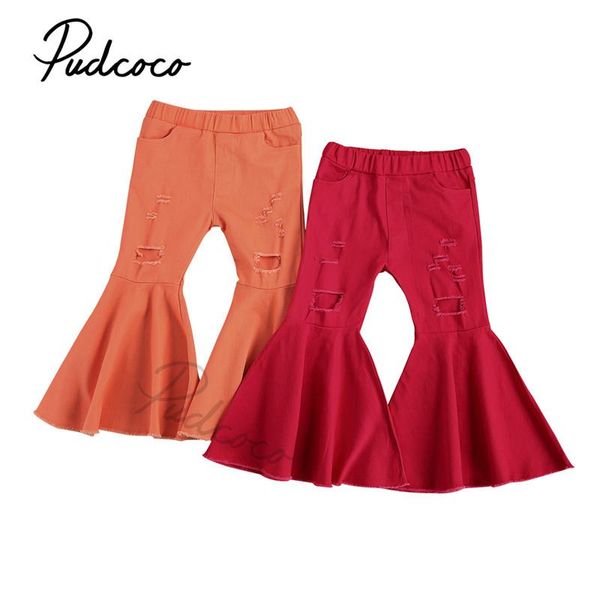 

infant kids girls casual ripped long pants, solid color elastic waist flared trousers pockets and broken holes, red/ orange 1-6y, Blue