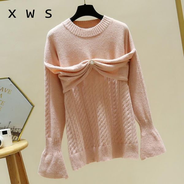 

autumn winter thick oversized sweater loose casual flared sleeves o neck bow kint jumper pullover jersey mujer women's sweaters, White;black