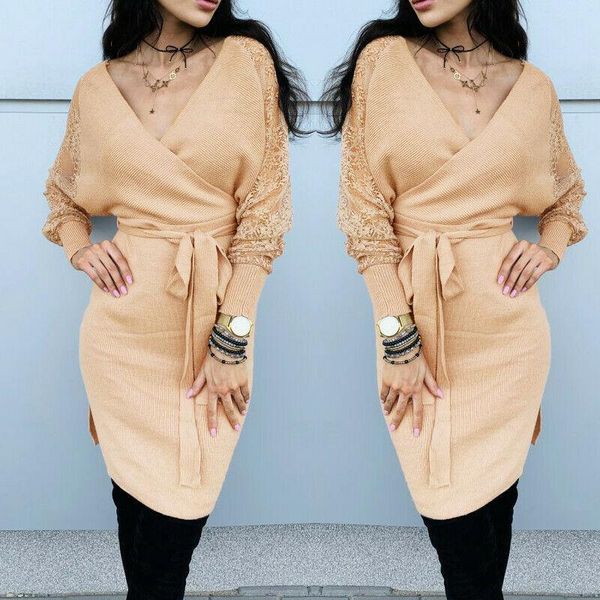 

casual dresses women bodycon v neck knit tie front dress ladies party evening mini waist strap short, Black;gray