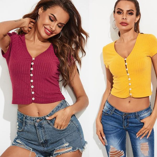 

women's t-shirt fashion harajuku red knitted women summer casual slim tshirt streetwear v neck cropped center buttons croptop, White