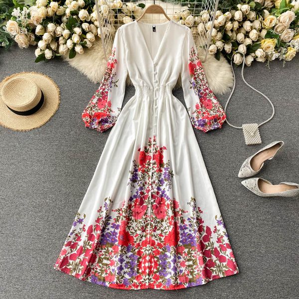 

women's knits & tees croysier es for women 2021 elegant vintage floral print maxi long sleeve v neck button front slit vacation ys, White