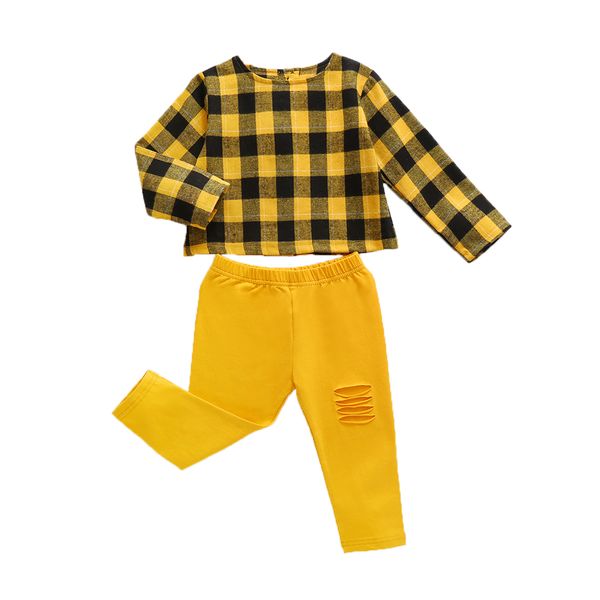 

spring autumn toddler girl clothes set little girls sweet plaid long sleeve shirts ripped trousers outfits suit 2-6y, White