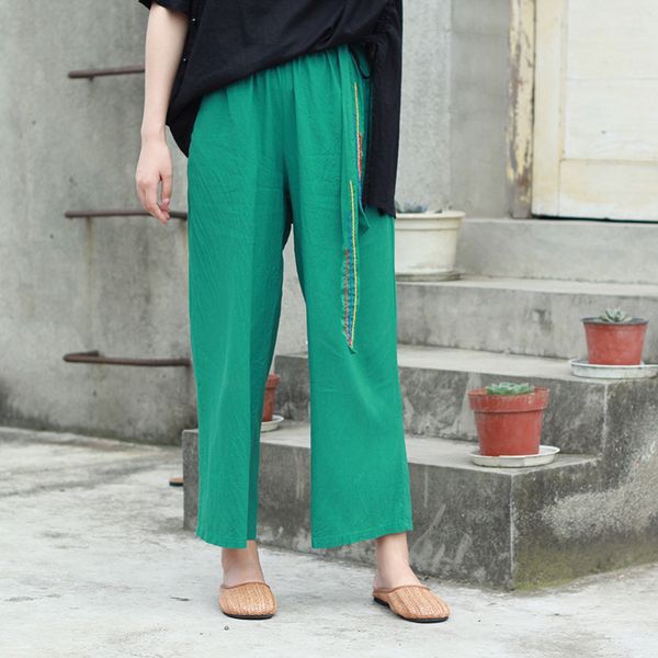 

johnature summer cotton linen elastic waist lace up ankle-length pants casual vintage straight simple women trousers 210521, Blue