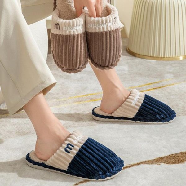 

slippers bedroom cotton simple women winter stripe warm plush shoes ladies house slides couples flip flops zapatilla mujer, Black