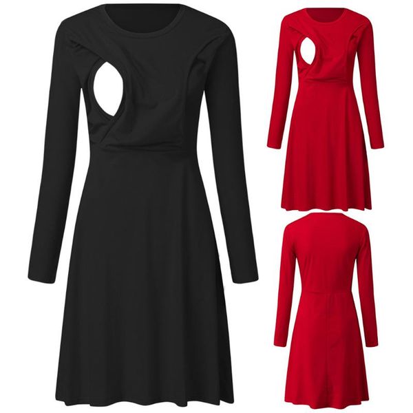 

maternity dresses breastfeeding dress long sleeve nursing elegant solid soft casual, White