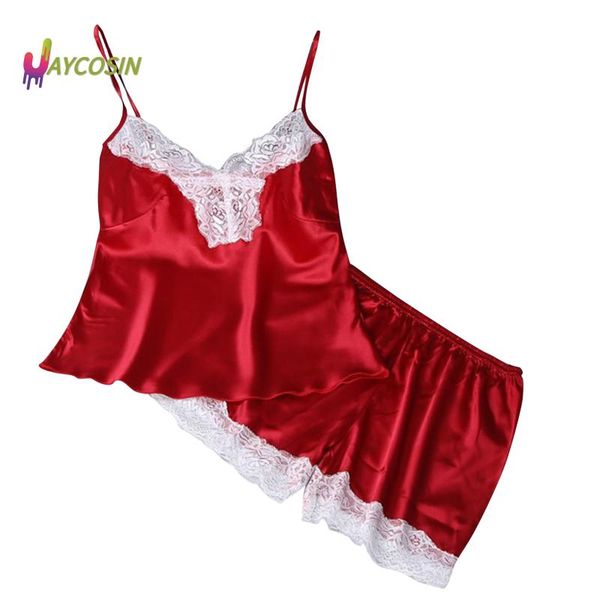 

women's sleepwear women eyelash lace stain silk pajamas bodysuit jumpsuit home clothes night wear lingerie underwear two-piece suit ski, Black;red