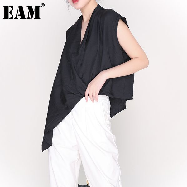 

[eam] women white irregular split big size blouse v-collar sleeveless loose fit shirt fashion spring summer jt16001 21512