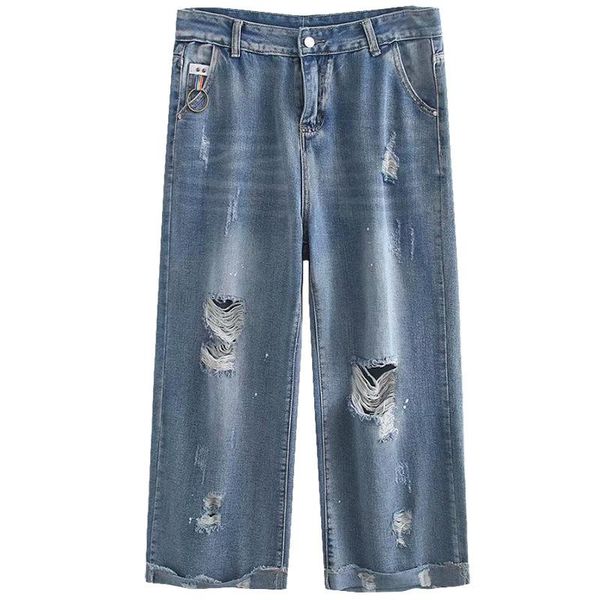 

women's jeans plus size casual straight 2021 autumn women fashion loose holes denim ankle-length pants s68-147, Blue