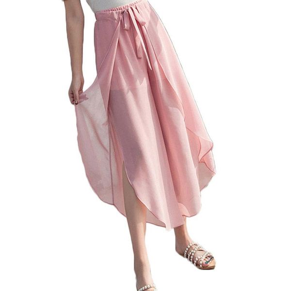 

women's pants & capris korean casual loose women skirt 2021 chiffon wide leg elastic high waist fashion split summer nine trousers f600, Black;white