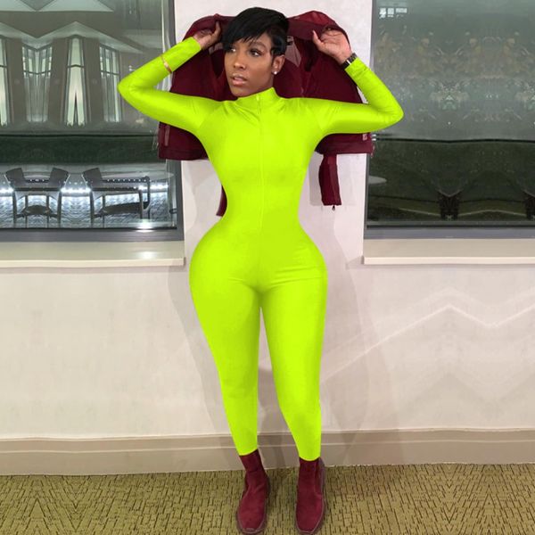 

jumpsuit bodycon romper long sleeve bodysuit women neon green new zipper elegant playsuit 2019 club jumpsuits women, Black;white