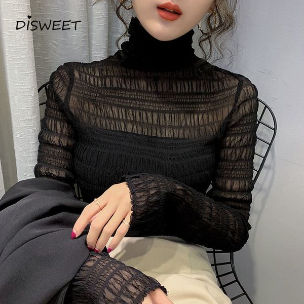 

sweaters high collar pleated woman korean long-sleeved chiffon loose see-through shirt women simple slim solid women's, White;black