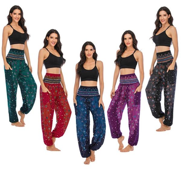 

women's leggings sweolso thai harem pants indie folk boho casual trousers loose elastic waist soft lantern vintage style big feather pr, Black