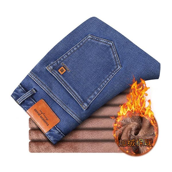 

men's jeans 2021 design winter warm grey blue cotton slim-fit stretch denim pants male brand trousers