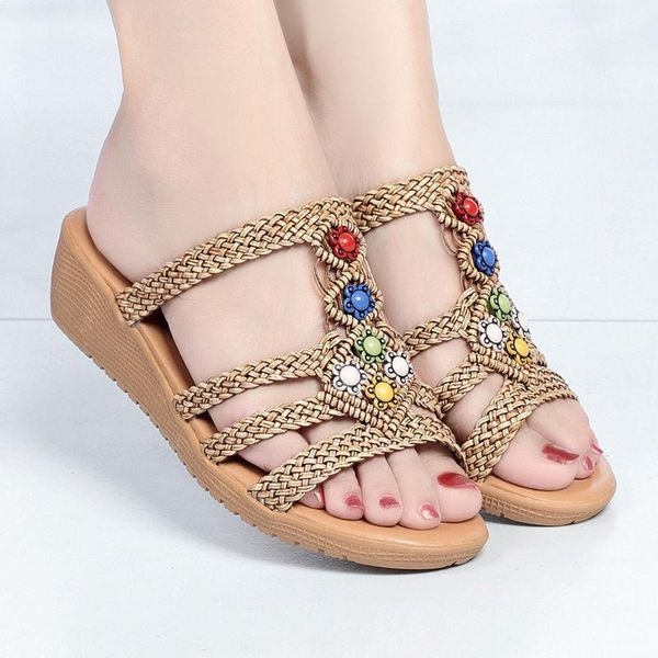 

slippers sandals women's national style 2021 summer fashion wear flat shoes slope heel beach, Black