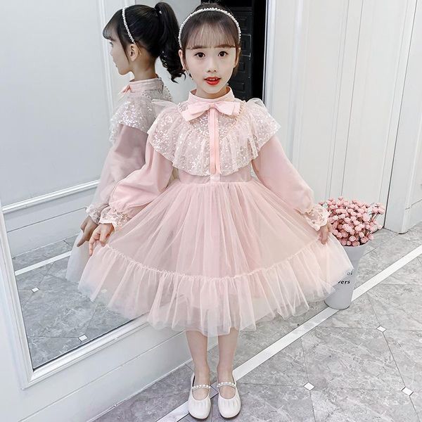 

girls' 2021 spring clothes mesh long sleeve bow princess dress girl's dresses, Red;yellow