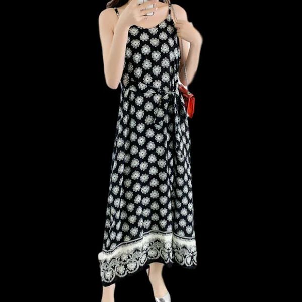 

casual dresses women spaghetti strap dress bohemian ladies maxi floral beach boho chiffon vintage flower long female elegant, Black;gray