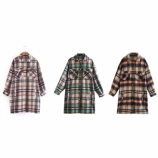 

women's wool & blends 2021 autumn winter oversized casual medium long plaid shirt woolen jacket for ladies sleeve all match coat, Black