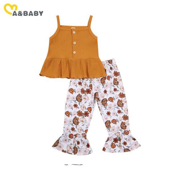 1-6Y verão criança criança bebê menina conjunto conjunto de malha ruffles colete tops flor flare calças roupas trajes 210515