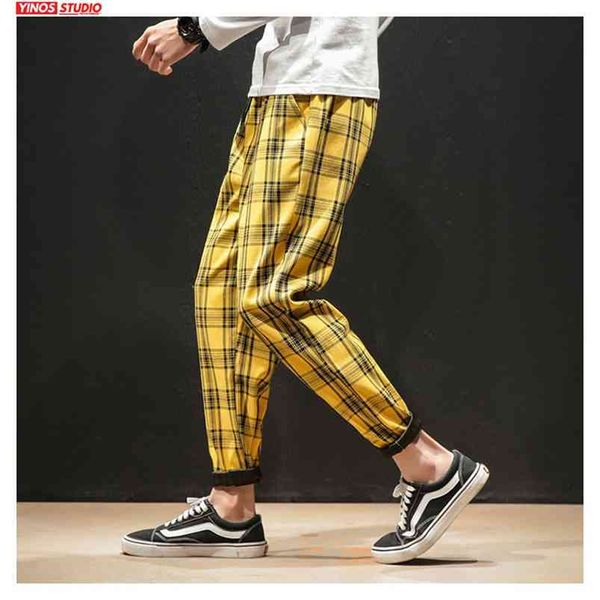 Goccia giapponese Streerwear Uomo Pantaloni scozzesi Moda autunno Uomo sottile Pantaloni casual Coreano maschio Harem 210715