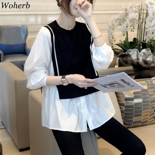 

women's blouses & shirts woherb women o neck sweater shirt fashion temperament fake two-piece knitted vest patchwork blouse korean autu, White