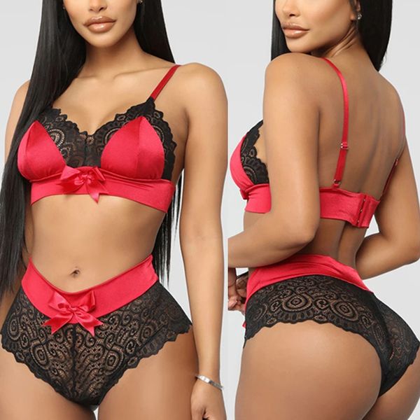 

red satin bowknot bra set women lace floral nightwear lingerie set seamless push up bra panties set crop underwear, Red;black