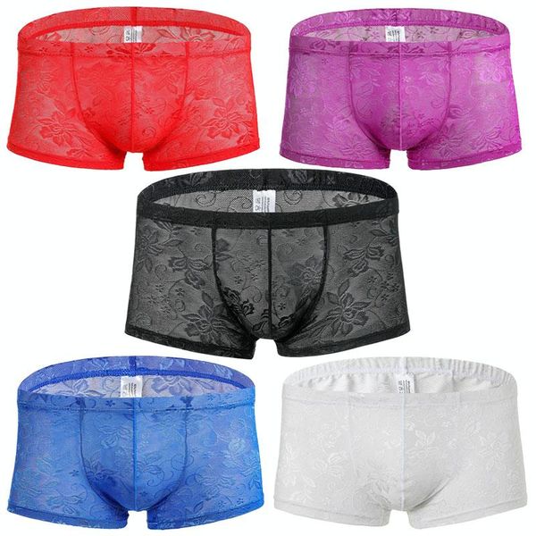 

underpants 5pc men underwear boxers transparent men's trunk mesh breathable lace see through lingerie boxer shorts, Black;white