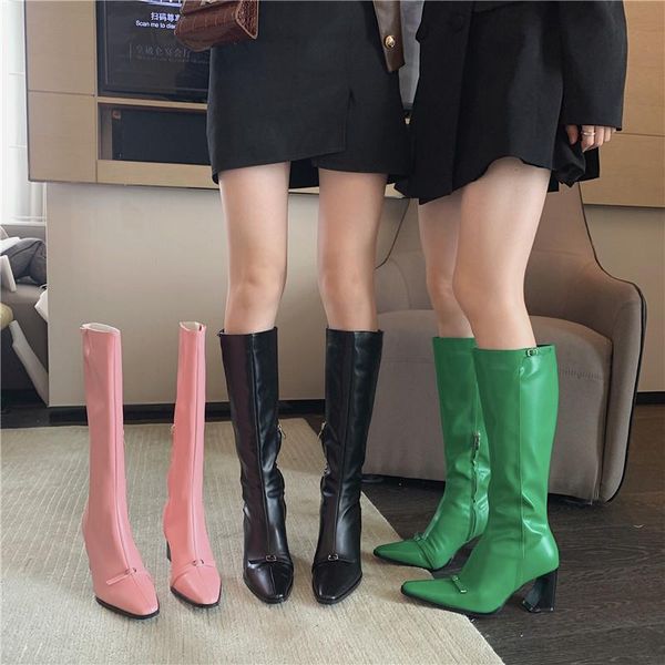 

boots monmoira square toe belt decorated side zip long knee women 2021 brand design riding thigh shoes botas mujer, Black