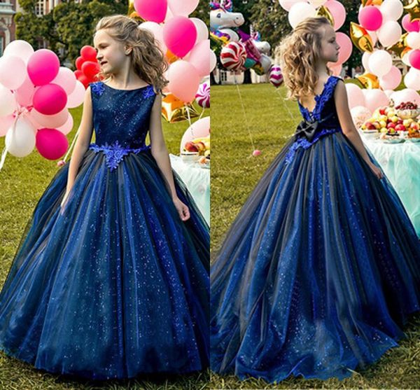 Luxo Sparkly Dark Blue Flor Menina Vestidos Vintage Formal Vestido de Casamento Aniversário Concurso Em Estoque