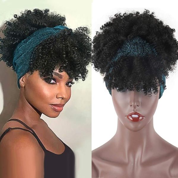 

afro puff turban synthetic wig short kinky curly headwrap drawstring wrap-wig 2 in 1 updo head-wrap wig for black women