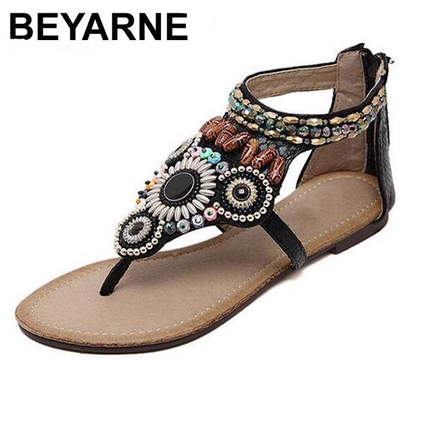 

bling bohemia flats gladiator sandals women summer string beaded shoes zip flip flops casual comfort woman, Black