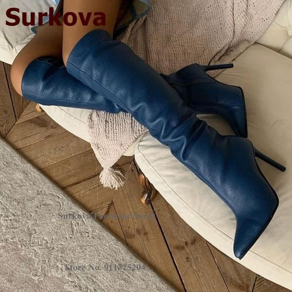 

boots surkova navy blue thin high heel tall women pointed toe zipped knee concise gladiator dress shoes size46, Black