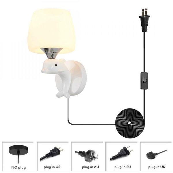 

wall lamp plug in lamps, cartoon animal sconce, white frosted glass lampshade metal light, children bedroom lights