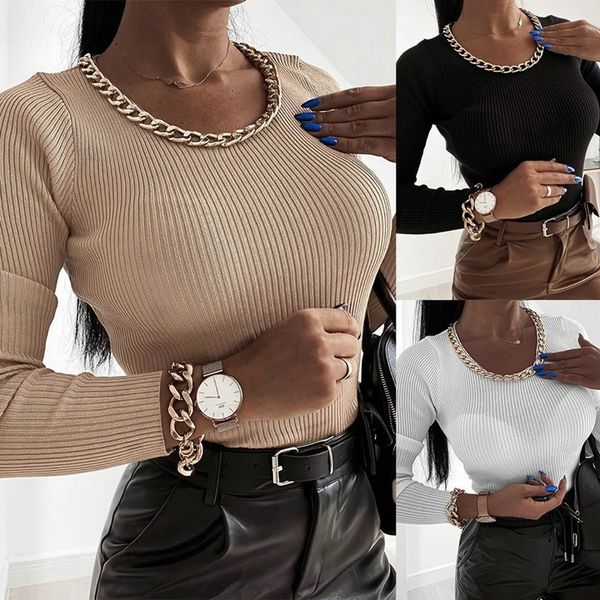 

fashion women spring autumn blouse chain decor o-neck long sleeve solid party slim pullovers leisure all match shirts 210317, White