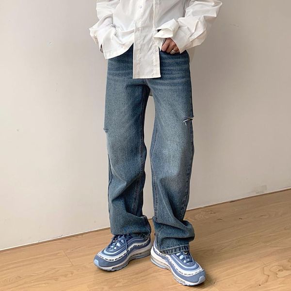 

men's jeans side ripped men denim pants with holes korean wide leg distressed straight and women hip hop trousers baggie, Blue