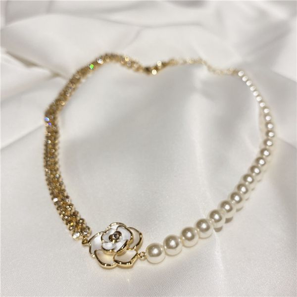 

chain women pendants real gold electroplated pearl mosaic korean camellia flower necklace, Silver